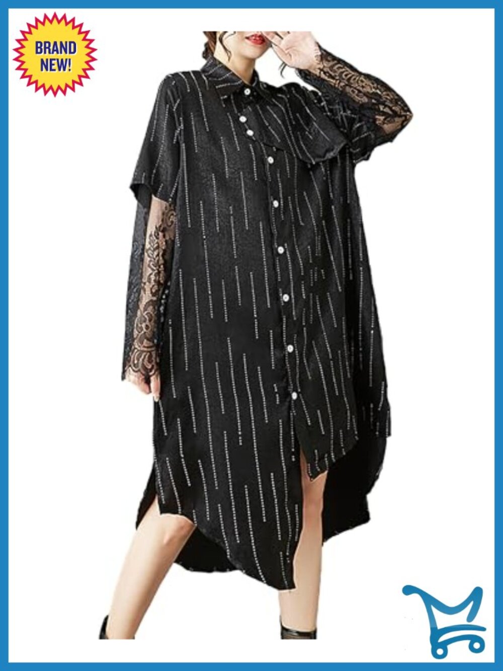 Striped Lapel Button Down Short Sleeve Lace Tulle Irregular Hem Dress